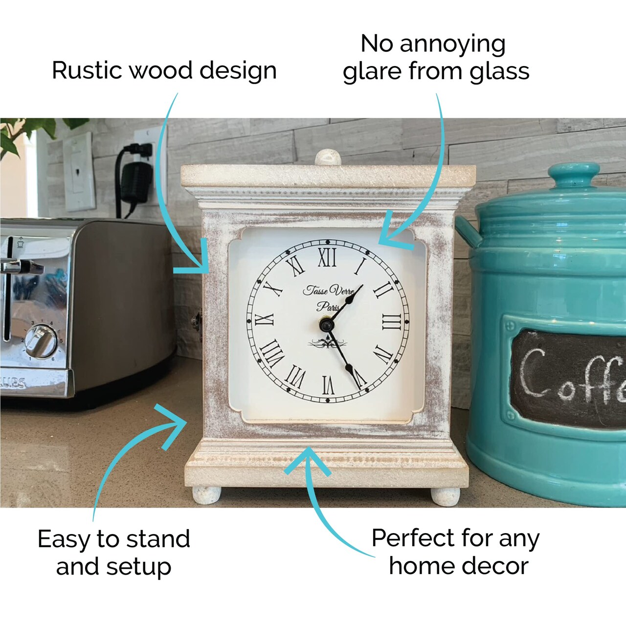 Rustic Shelf Clock (Quiet) for Living Room Mantel, Table, Or Desk 9" X 7" Farmhouse Decor Distressed White Washed Wood Silent - Office Fireplace. AA Battery Operated Non-Digital, Tan